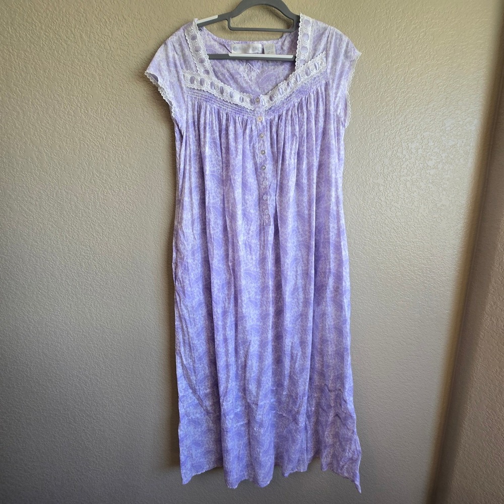 Eileen West 100% Cotton Nightgown Purple Paisley Floral Lace Trim Long S